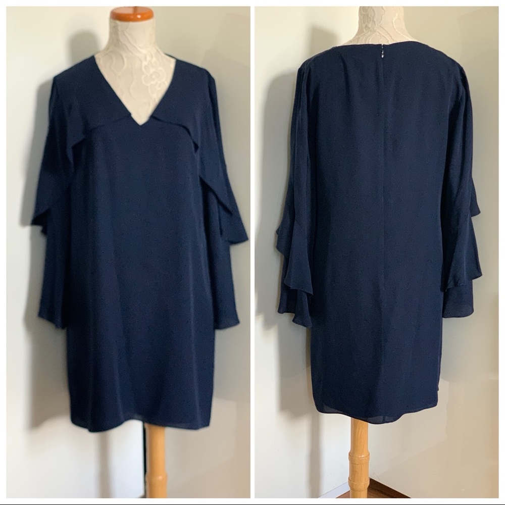 Kobi Halperin Bethenny Ruffle-Sleeve Shift Dress in Navy sz L - Picture 2 of 14